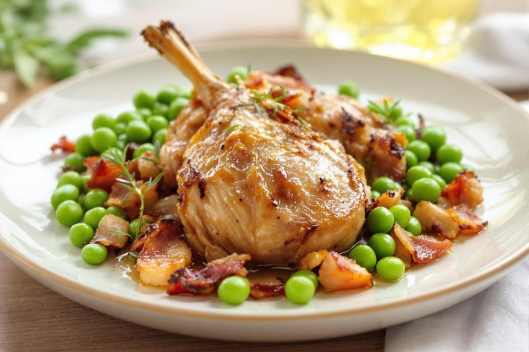 Pigeonneau savoureux : lardons et petits pois en harmonie