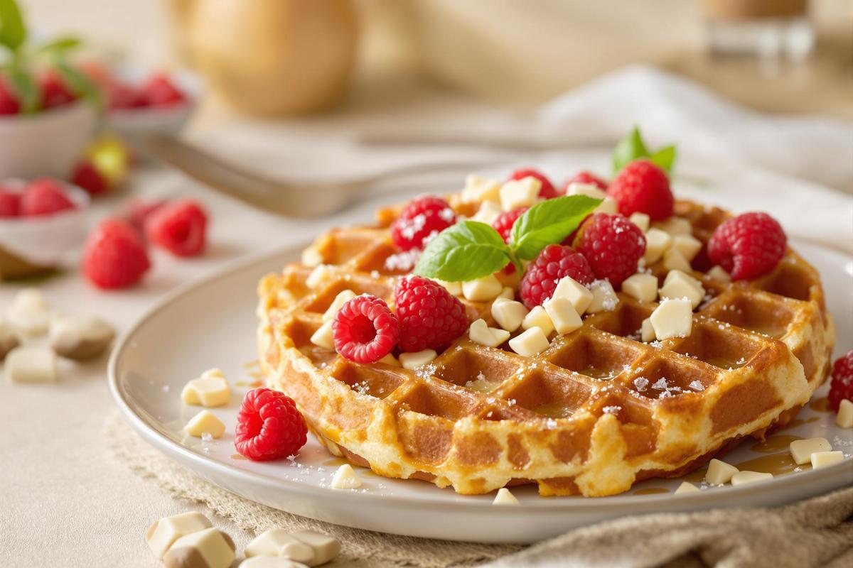 Recette de gaufres au chocolat blanc framboises et basilic
